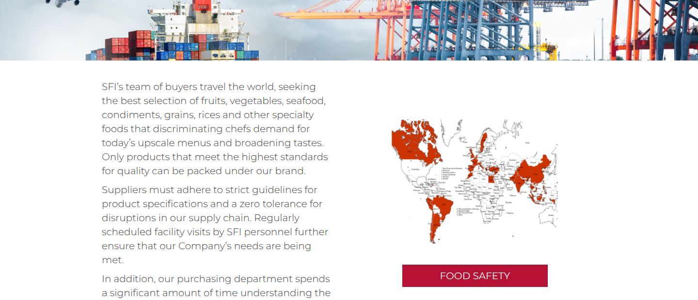 Old sourcing page: body copy beside a small raster world map with a Food Safety button