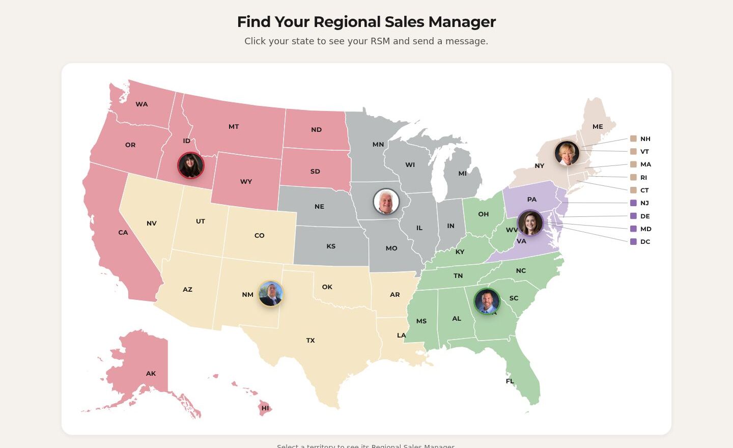 Find Your Regional Sales Manager: a US map with states coloured by territory and a photo of each manager