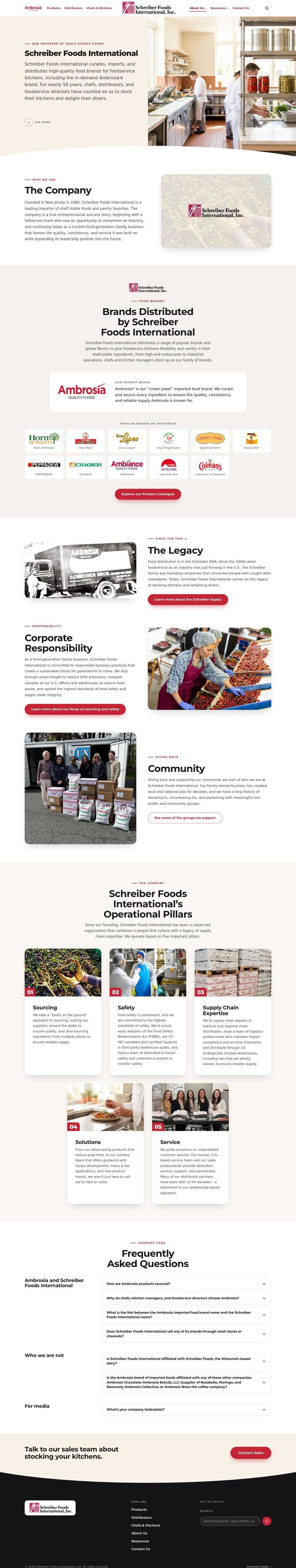 New Schreiber Foods International company page: company intro, distributed brands, legacy, responsibility, community, five pillars and FAQs