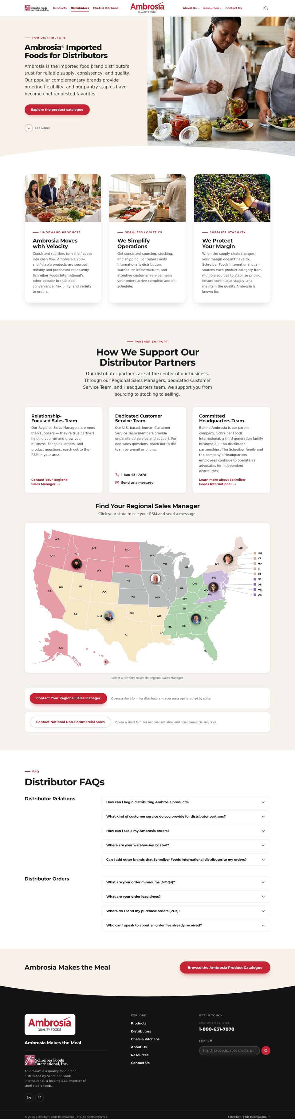 New distributors page: hero, benefit cards, support teams, the sales manager map and FAQs