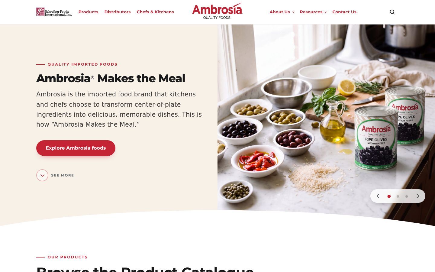 New Ambrosia homepage: split hero reading “Ambrosia Makes the Meal” beside a chef plating a dish