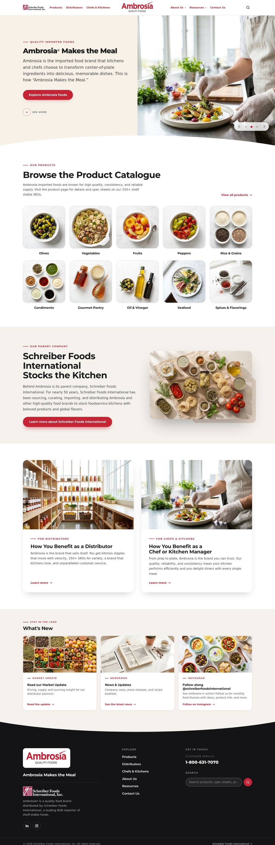 Full new homepage: hero, product category grid, parent company band, distributor and chef cards, What's New