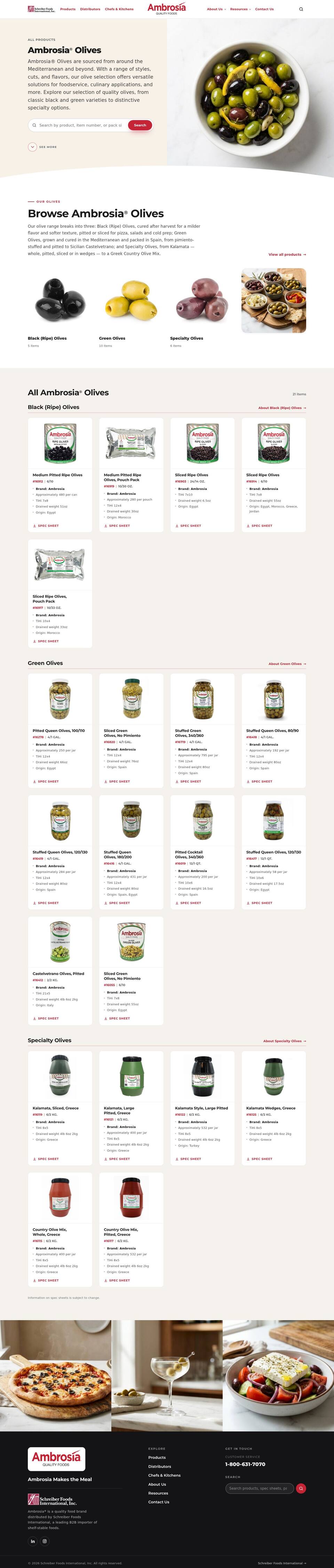 New olives page: every black, green and specialty olive with pack details and spec-sheet links