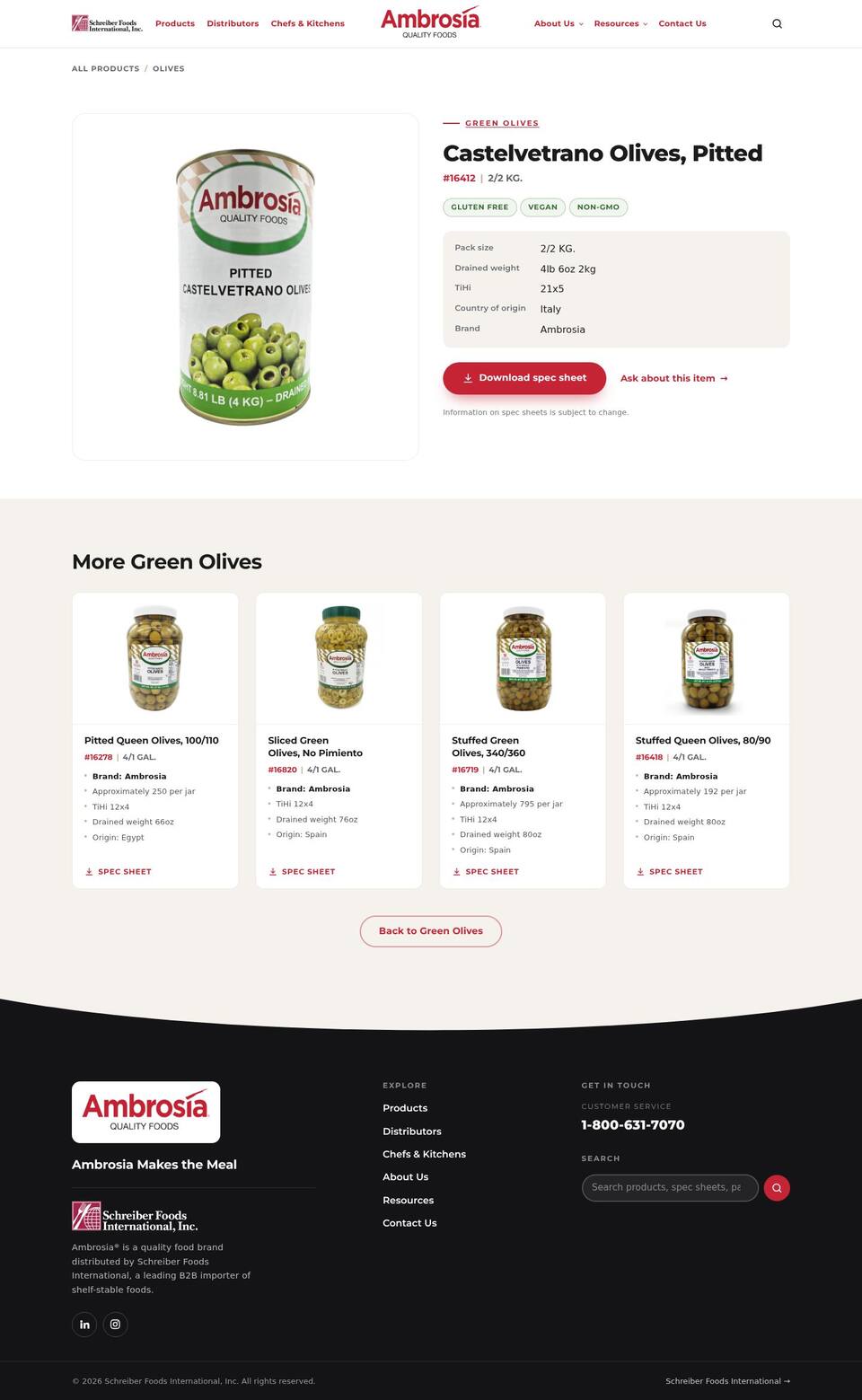 New product page for Castelvetrano Olives, Pitted, item 16412, with Gluten Free, Vegan and Non-GMO tags and a spec-sheet download button