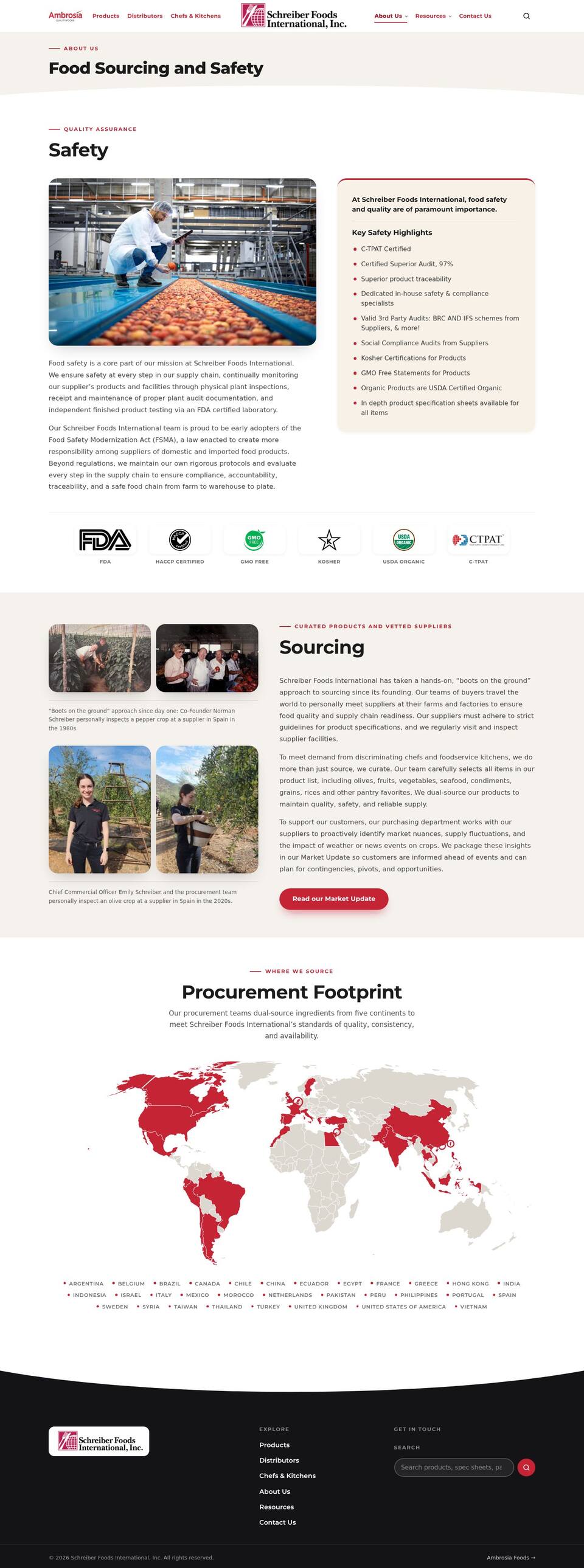 Full new Food Sourcing and Safety page: safety highlights, certification marks, sourcing photos and the procurement map