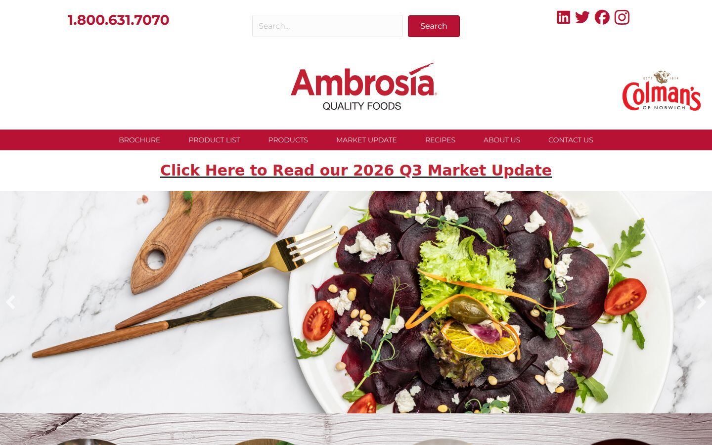 Previous Ambrosia homepage: phone number and search bar, three logos, a red all-caps nav and a food carousel