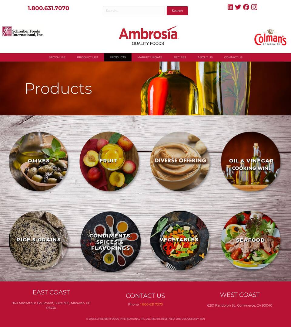 Old products page: eight circular category photos on a wood-grain background