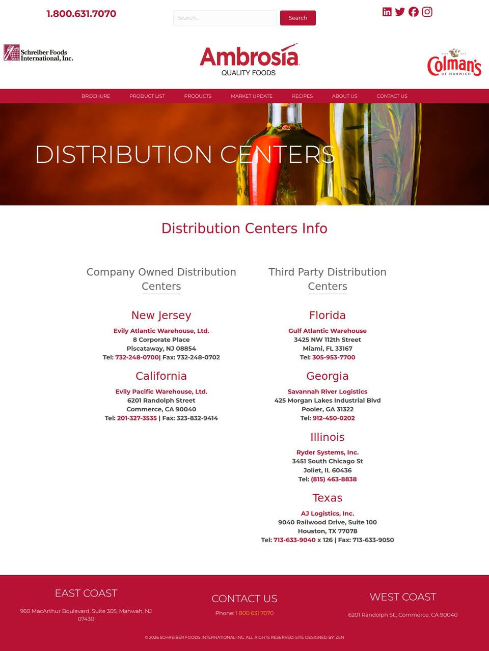 Old distribution centers page: centred list of warehouse addresses